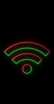 Vertical Neon WiFi Signal Icon Animation, Glowing Wireless Internet Connection Symbol on Black Background, Network UI Element, Seamless Loop 4K Motion Graphics.