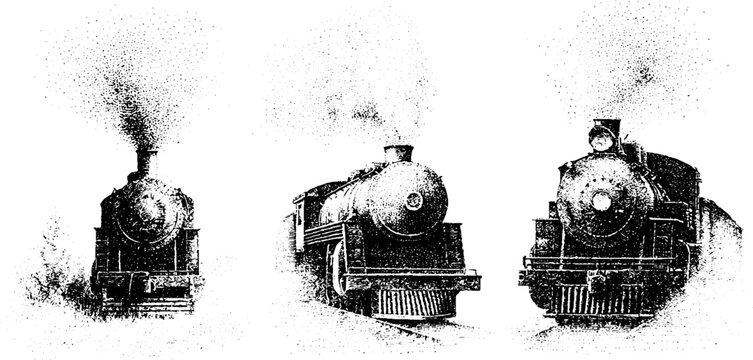 Set of vintage steam locomotive engravings and railway scene elements for poster and background design