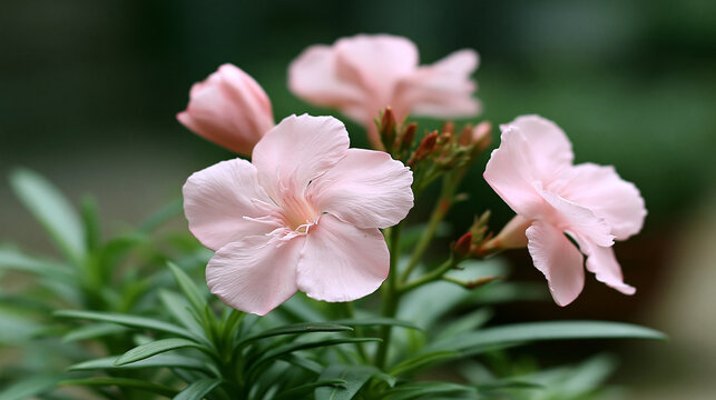 Delicate blooming pink oleander flowers on green bush in garden sunlight with oleander