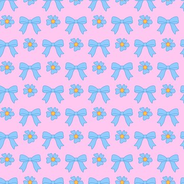 Cute Pink and Blue Bow Floral Seamless Pattern Vector Background