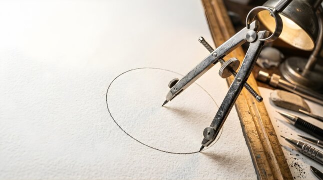 Metal drafting compass drawing a circle on white paper with desk tools