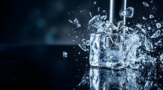 Metal rod breaking a large clear ice cube with flying shards in dark