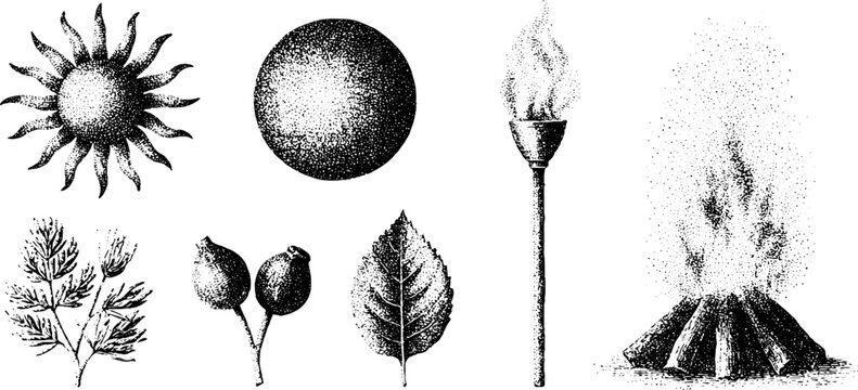 Summer solstice sun and torch icon set with sphere rosehip leaves and bonfire for ceremonial banner and emblem design