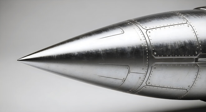 Close up detailed view of polished silver rocket or missile nose cone against white background.