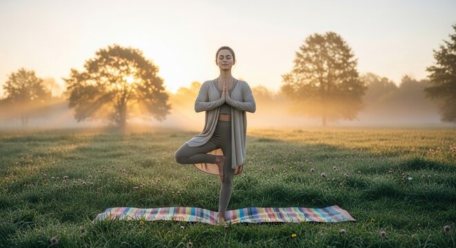Young woman practicing yoga at sunrise in a misty field. Serene female meditating outdoors during golden hour for wellness and mindfulness.