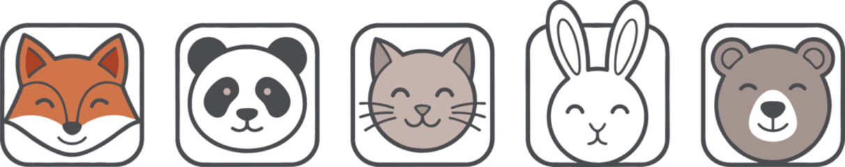 Minimalist cute animal face line icon set with fox panda cat rabbit and bear square buttons for mobile app UI graphic design elements © AdhinChandra