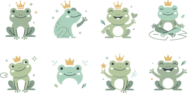Minimalist cute cartoon frog prince collection wearing crowns for boho nursery wall art and whimsical children sticker design assets
