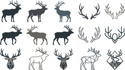 Obraz premium Minimalist deer silhouette and antler icon vector collection featuring geometric stag lines and heraldic hunting crest elements for corporate branding logo templates