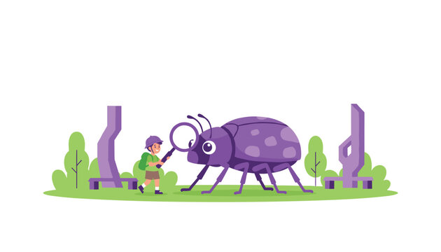 Curious young boy uses a magnifying glass to observe a large purple beetle in a grassy park setting.