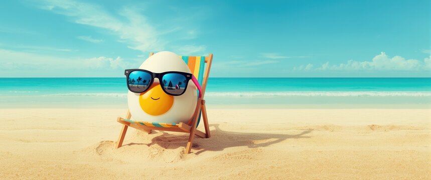 Smiling Egg Character Relaxing on a Beach Chair with Sunglasses and Ocean Background