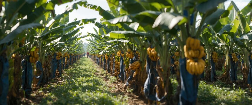 Banana Plantation with Ripe Clusters Under Clear Sky in Morning Light