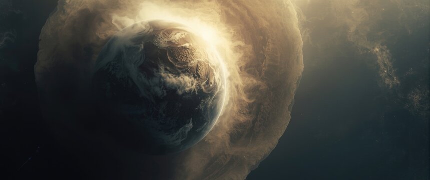 Earth Surrounded by Ethereal Clouds in Cosmic Space Environment