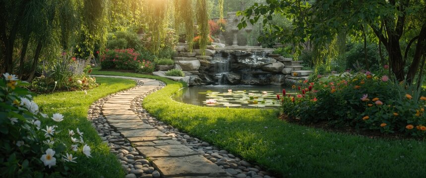 Peaceful Garden Pathway Leading to a Tranquil Pond During Golden Hour