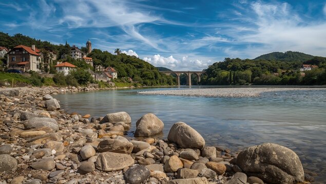 Scenic Riverbank View with Rocks and Historic Bridge Under Blue Sky