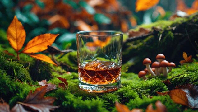 Whiskey or brandy glass set amidst a lush natural backdrop of green moss, mushrooms, and fern leaves. Advertising image of alcohol drink.