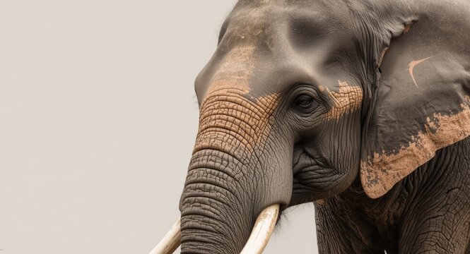 Elephant Portrait with Detailed Textures Against a Neutral Background