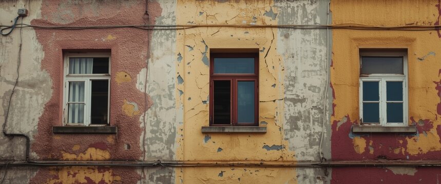 Weathered Building Wall with Three Windows in Faded Colors