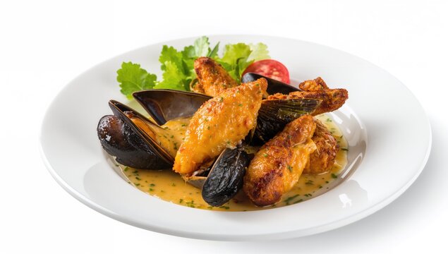 Seafood Dish with Mussels and Fried Fish on a White Plate with Fresh Greens