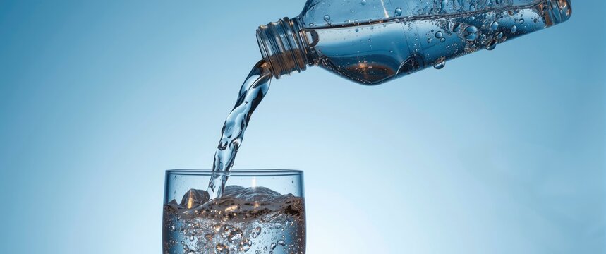 Water Pouring from Bottle into Glass with Bubbles Against Soft Blue Background