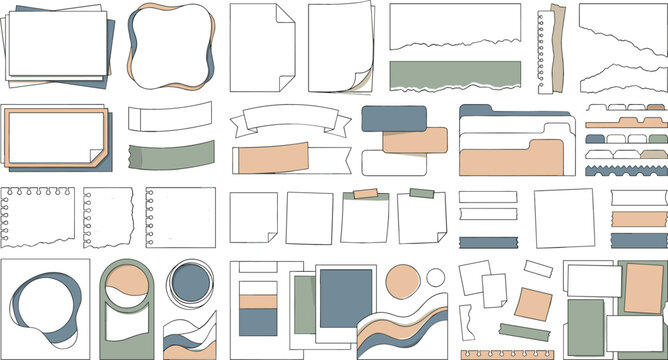 Minimalist digital planner design elements collection featuring blank paper notes torn sheets folder tabs and frames for notebook layout templates