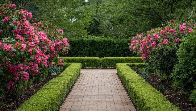 Pathway lined with blooming pink azaleas in a garden