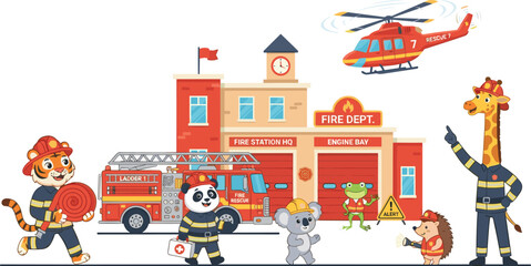 Cute cartoon firefighter animals set with fire station truck helicopter giraffe tiger panda and koala vector, © MdBarat