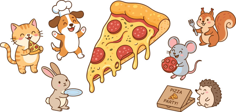 Cute cartoon pet animals pizza party collection with big pepperoni slice cat dog rabbit and mouse vector,