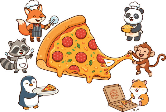 Cute cartoon animal chefs pizza party collection with big pepperoni slice fox panda monkey and penguin vector,