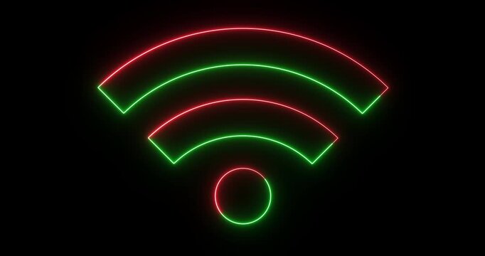 Neon WiFi Signal Icon Animation on Black Background, Glowing Wireless Internet Symbol, Network Connection UI Icon, Seamless Loop 4K Motion Graphics.