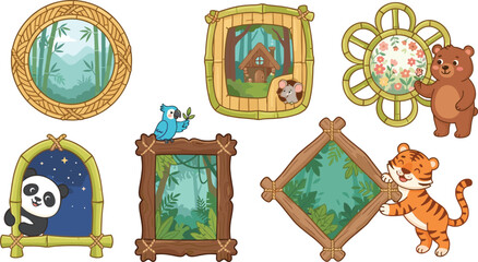 Cute cartoon animals with wooden and bamboo frames collection tiger bear panda parrot and forest scenery vector, © MdBarat