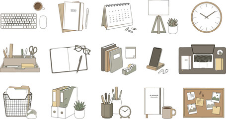 Fototapeta premium Minimalist home office desk supplies illustration set with calendar keyboard notebooks and stationery organizer elements for corporate productivity branding design