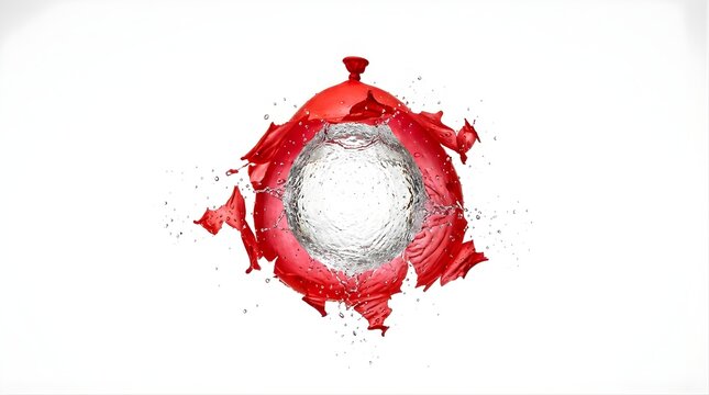 Red balloon bursting with water splashing against a white background