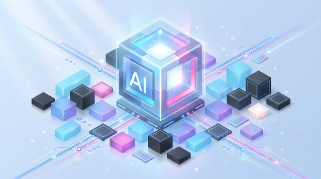 Artificial intelligence software integration architecture featuring glowing data nodes and isometric technology network blocks