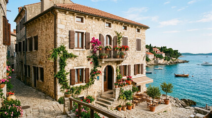 Obraz premium Charming Stone House with Flowers by the Adriatic Sea, Coastal Village Scenery