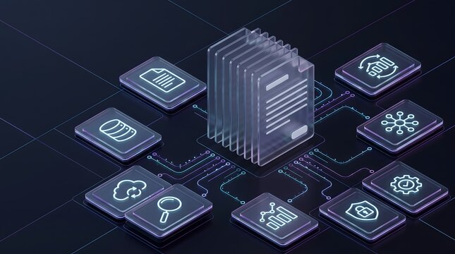 Enterprise content management system displaying digital document workflow automation and secure data archiving