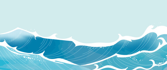 Obraz premium Ocean wave background vector. Abstract blue sea with rolling surf, white foam, halftone texture and hand drawn curved lines. Marine design for banner, poster, cover and wallpaper.