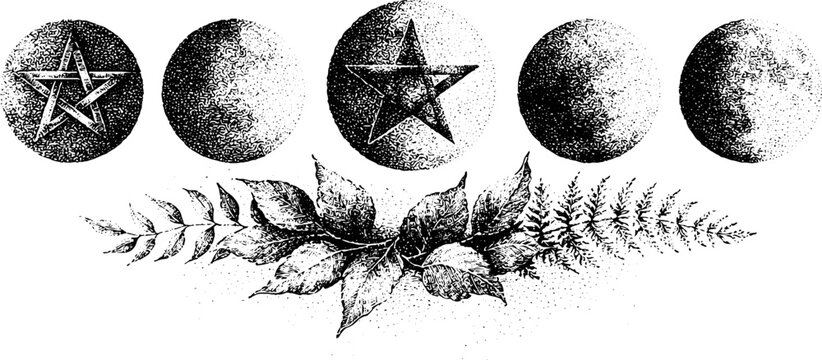 Wiccan moon phase and pentacle tattoo flash with fern and leaves for occult design and spiritual elements