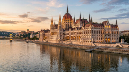 Obraz premium Budapest Parliament Building at Sunset over Danube River, Hungary
