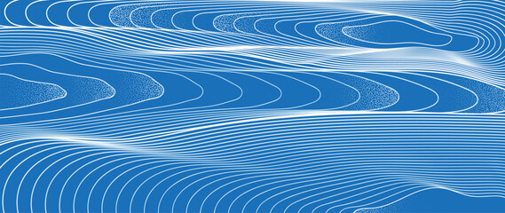 Obraz premium Ocean wave background vector. Abstract blue flowing contour lines with layered curved surfaces and smooth fluid motion. Minimal marine design for banner, poster, cover, wallpaper and presentation.