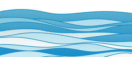 Fototapeta na wymiar Ocean wave background vector. Abstract blue sea with rolling surf, white foam, halftone texture and hand drawn curved lines. Marine design for banner, poster, cover and wallpaper.