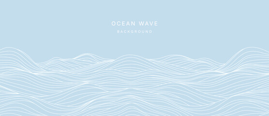 Fototapeta na wymiar Ocean wave background vector. Abstract blue sea with flowing contour lines, curling surf and white foam. Modern marine illustration for banner, poster, cover, wallpaper and presentation.