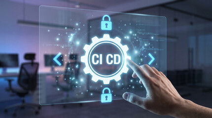 Fototapeta premium Digital hand interacting with a glowing futuristic interface displaying software development automation concepts and secure ci cd pipeline process integration