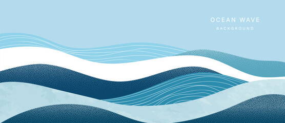 Fototapeta na wymiar Ocean wave background vector. Abstract blue sea with flowing contour lines, curling surf and white foam. Modern marine illustration for banner, poster, cover, wallpaper and presentation.