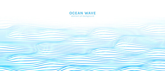 Ocean wave background vector. Abstract blue flowing contour lines with layered curved surfaces and smooth fluid motion. Minimal marine design for banner, poster, cover, wallpaper and presentation. © TWINS DESIGN STUDIO
