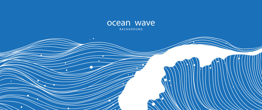 Ocean wave background vector. Abstract blue sea with flowing contour lines, curling surf and white foam. Modern marine illustration for banner, poster, cover, wallpaper and presentation.