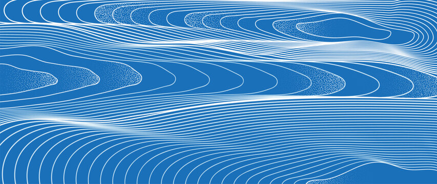 Ocean wave background vector. Abstract blue flowing contour lines with layered curved surfaces and smooth fluid motion. Minimal marine design for banner, poster, cover, wallpaper and presentation.