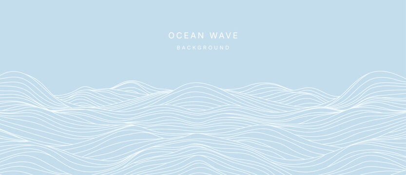 Ocean wave background vector. Abstract blue sea with flowing contour lines, curling surf and white foam. Modern marine illustration for banner, poster, cover, wallpaper and presentation.