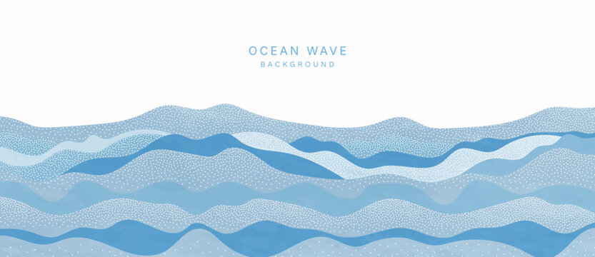 Ocean wave background vector. Abstract blue layered sea with flowing contour lines, geometric curved surfaces and smooth gradient. Minimal marine design for banner, poster, cover and wallpaper.