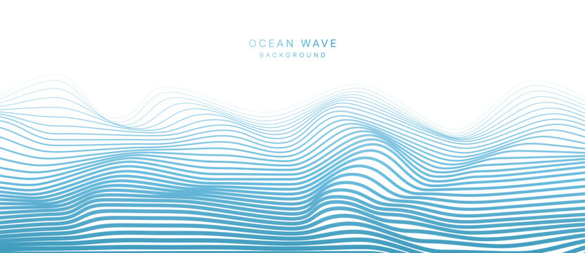 Ocean wave background vector. Abstract blue flowing contour lines with layered curved surfaces and smooth fluid motion. Minimal marine design for banner, poster, cover, wallpaper and presentation.