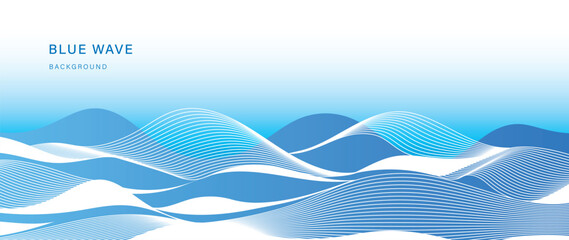 Obraz premium Ocean wave background vector. Abstract blue layered sea with flowing contour lines, geometric curved surfaces and smooth gradient. Minimal marine design for banner, poster, cover and wallpaper.